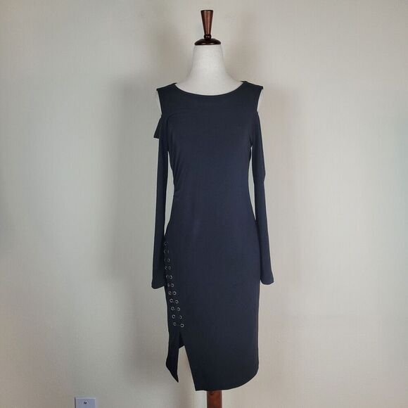 Carmen Marc Valvo Dresses & Skirts - Carmen Marc Valvo Dress Small Black Cold Shoulder One Sleeve Faux Leather Trim